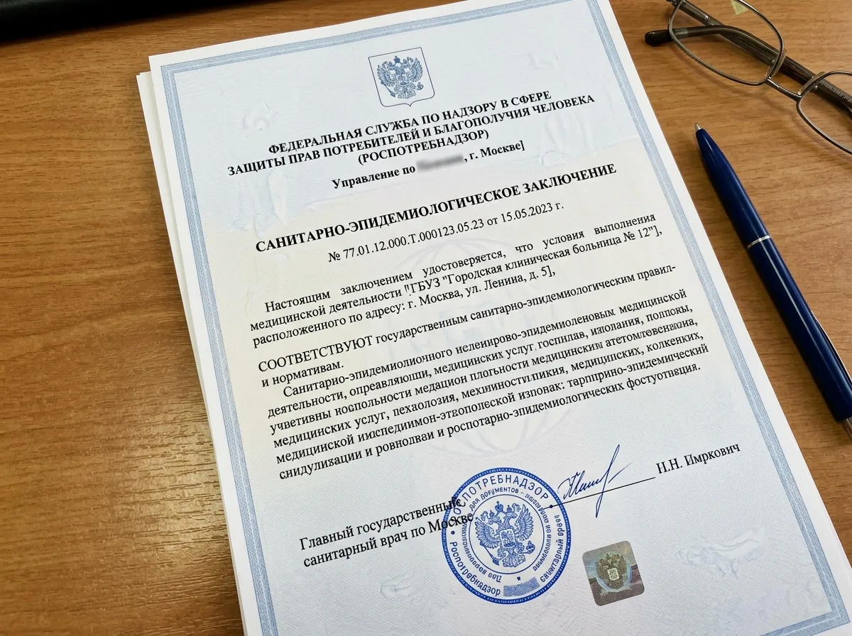 Санитарно-эпидемиологическое заключение Роспотребнадзора для медицинского учреждения, официальный документ с печатью