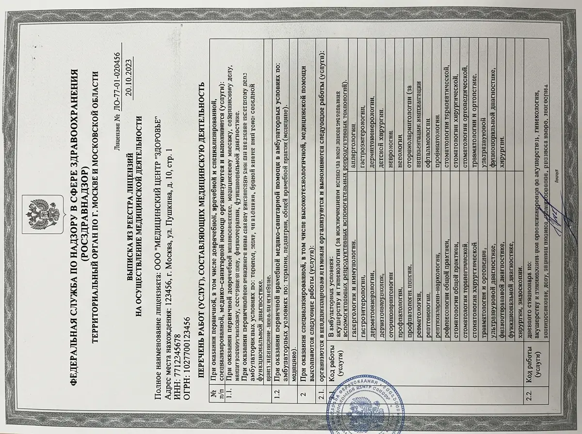 Выписка из реестра лицензий Росздравнадзора с перечнем разрешённых видов медицинской деятельности клиники